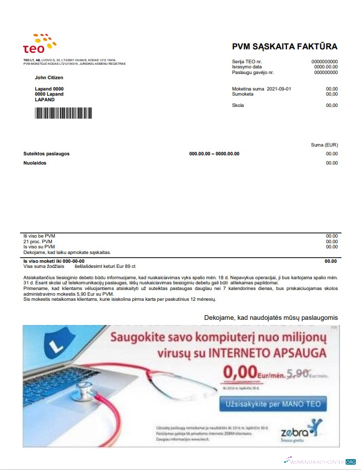 download Lithuania Teo utility bill template in Word and PDF format (.doc and .pdf) PDF template